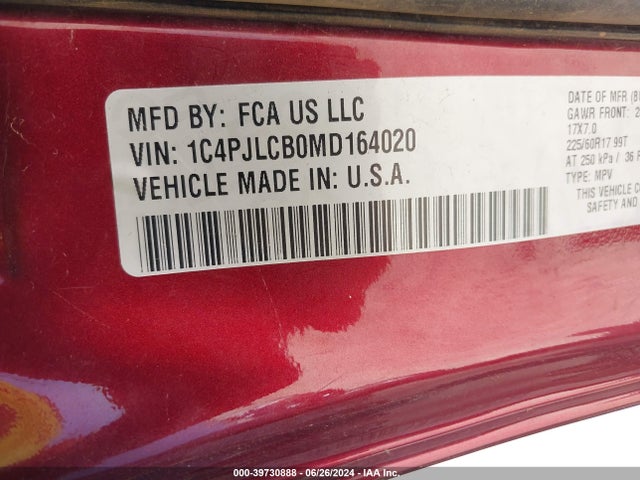 1C4PJLCB0MD164020 Jeep Cherokee Latitude Fwd