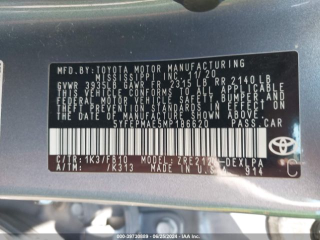 5YFEPMAE5MP186620 Toyota COROLLA LE