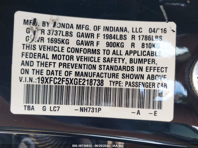 Honda Civic Lx 2016 19XFC2F5XGE218738 Image 9