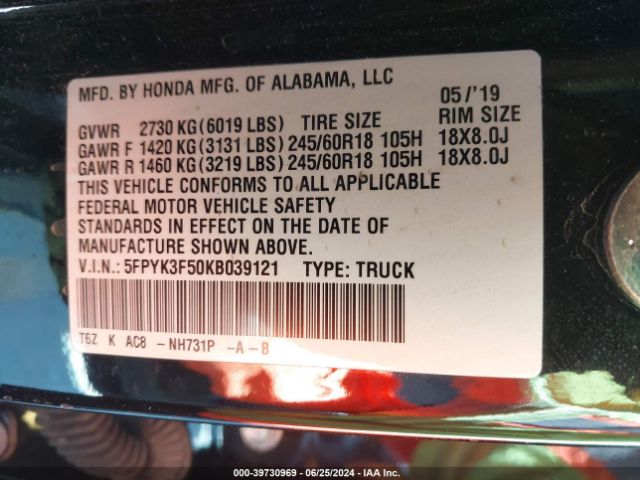 5FPYK3F50KB039121 Honda Ridgeline Rtl