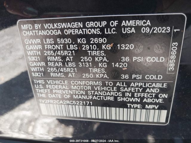 1V2FR2CA2RC522171 Volkswagen Atlas 2.0t Sel Premium R-line