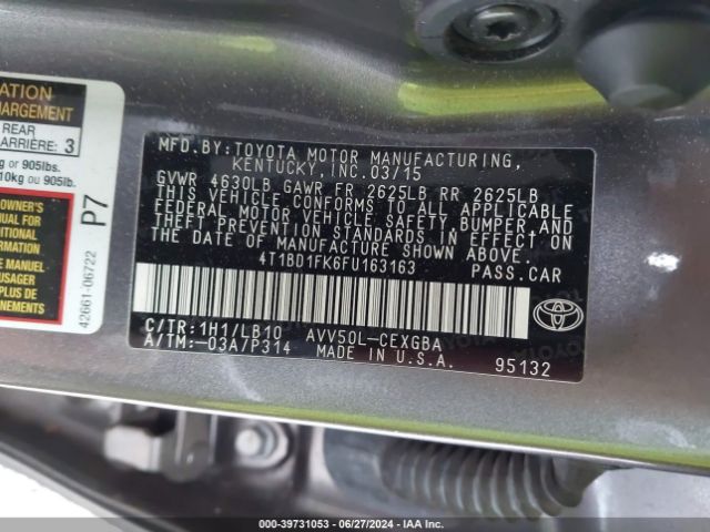 4T1BD1FK6FU163163 Toyota Camry Hybrid Xle