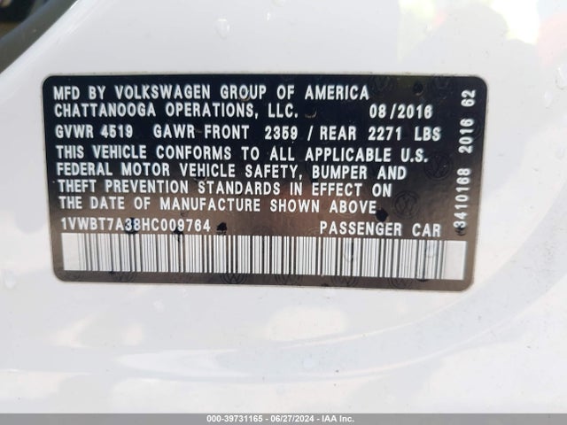 1VWBT7A38HC009764 Volkswagen Passat 1.8t Se
