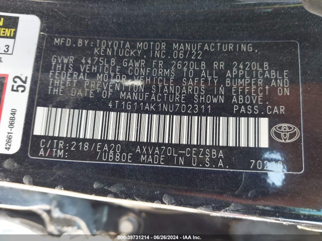 Toyota CAMRY SE 2022 4T1G11AK1NU702311 Image 9