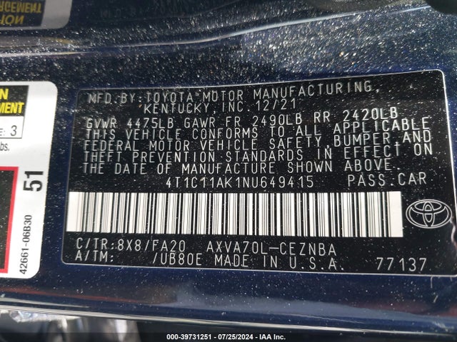Toyota CAMRY LE 2022 4T1C11AK1NU649415 Image 9