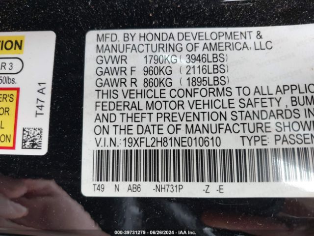 19XFL2H81NE010610 Honda Civic Sport