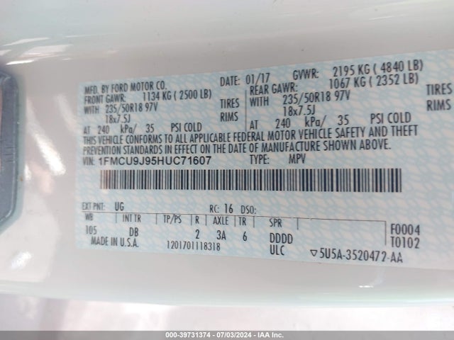 Ford Escape Titanium 2017 1FMCU9J95HUC71607 Image 9