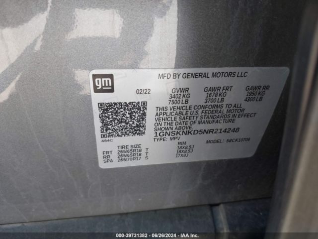 1GNSKNKD5NR214248 Chevrolet Tahoe 4wd Lt