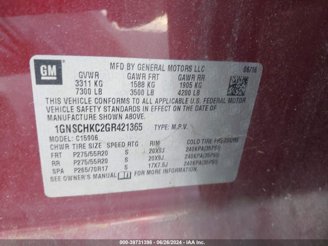 Chevrolet Suburban Lt 2016 1GNSCHKC2GR421365 Image 9