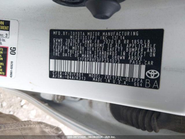 5YFBPRHE9FP251073 Toyota Corolla Le Eco Plus