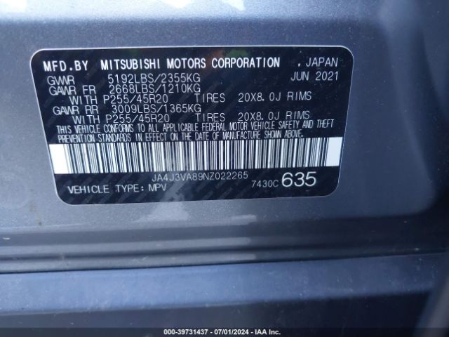 JA4J3VA89NZ022265 Mitsubishi Outlander
