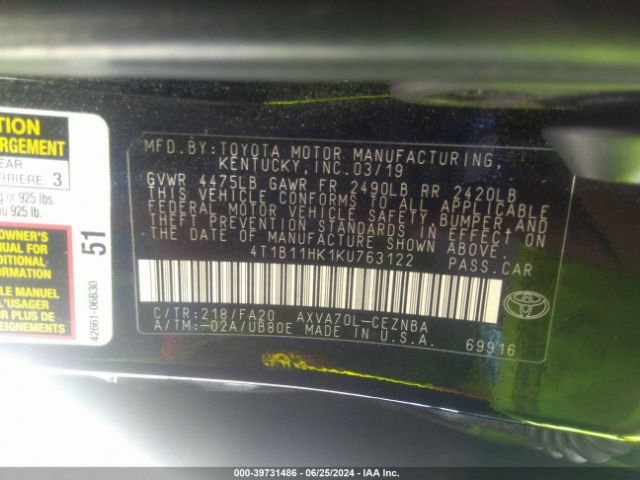 4T1B11HK1KU763122 Toyota CAMRY LE