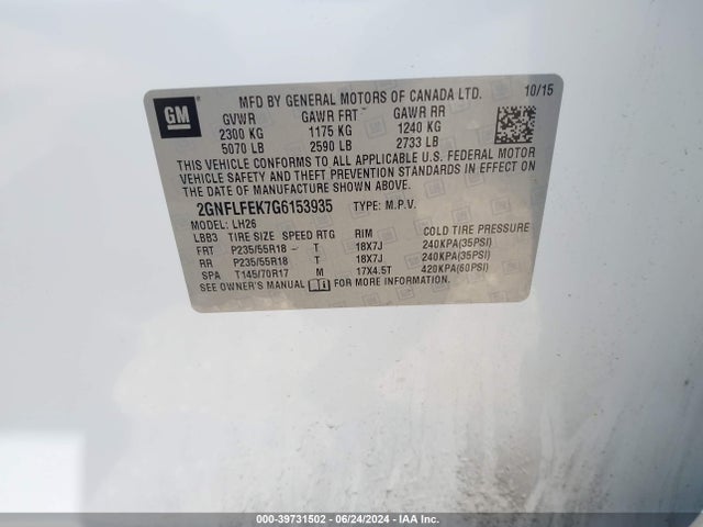 Chevrolet EQUINOX LT 2016 2GNFLFEK7G6153935 Image 9