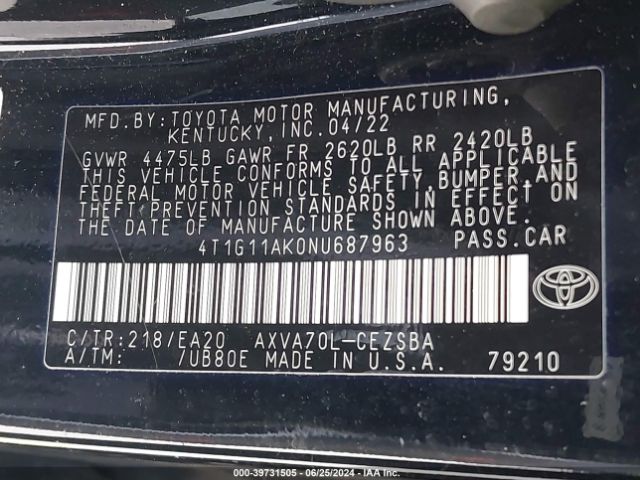 4T1G11AK0NU687963 Toyota CAMRY SE