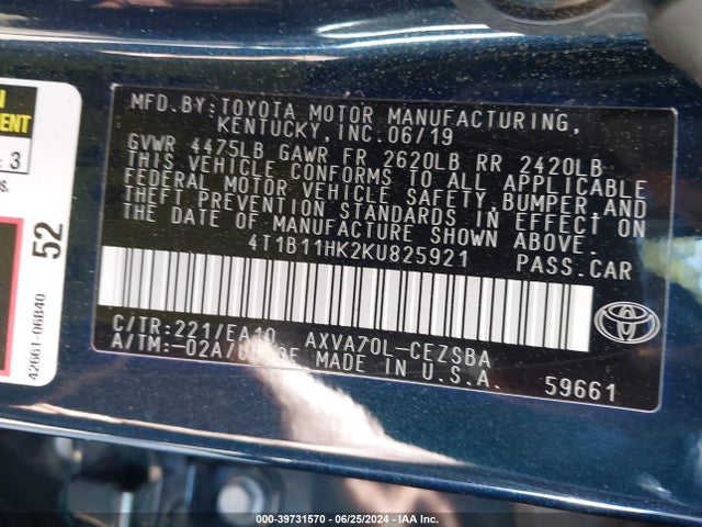 Toyota CAMRY SE 2019 4T1B11HK2KU825921 Image 9