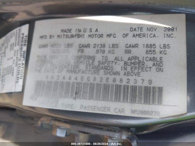 2002 MITSUBISHI GALANT 4A3AA46G82E082379 Photo 8