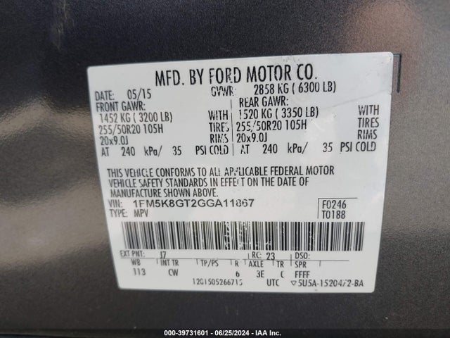 Ford EXPLORER SPORT 2016 1FM5K8GT2GGA11867 Image 9