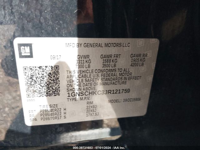 1GNSCHKC3JR121759 Chevrolet Suburban Lt