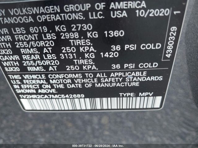 1V2HR2CA7MC542689 Volkswagen Atlas 3.6l V6 Se W/technology