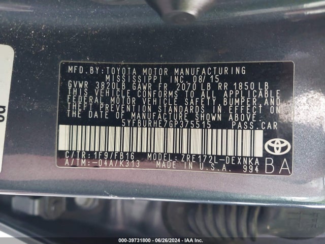 Toyota COROLLA LE 2016 5YFBURHE7GP375515 Image 9