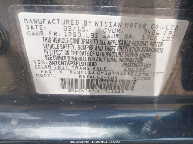 3N1CN7AP3FL911683 Nissan Versa 1.6 Sl
