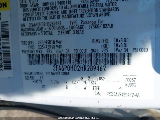 3FA6P0HD2HR289462 Ford FUSION SE
