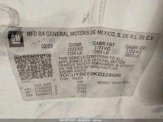 3GCUYBEF0KG128689 Chevrolet Silverado 1500 Custom