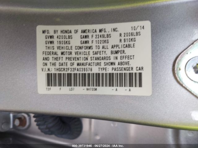 1HGCR2F32FA039578 Honda ACCORD LX