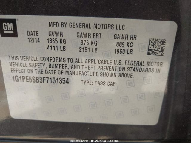 1G1PE5SB3F7151354 Chevrolet Cruze 2lt Auto