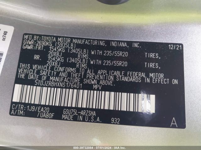 5TDJZRBHXNS176401 Toyota Highlander Xse