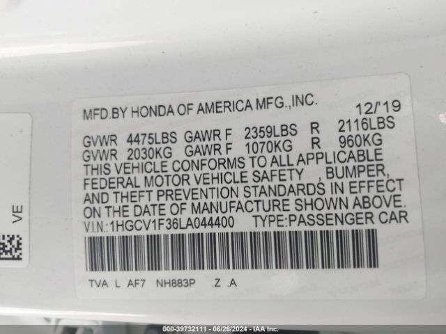 1HGCV1F36LA044400 Honda Accord Sport