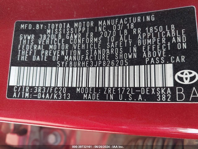 Toyota COROLLA SE 2018 5YFBURHE3JP826205 Image 9