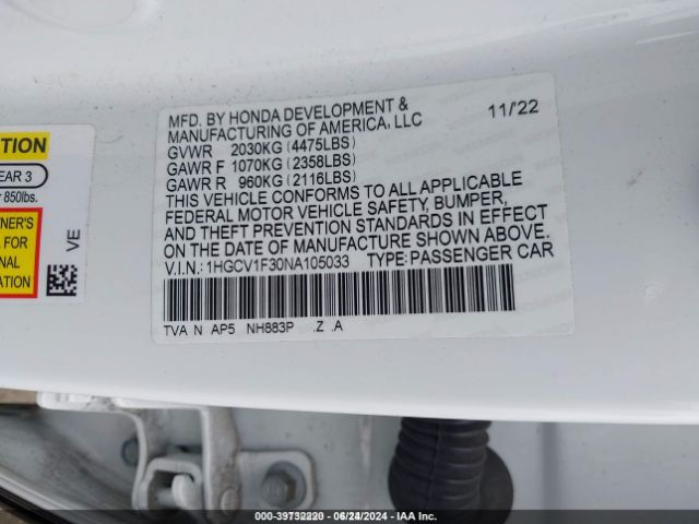 1HGCV1F30NA105033 Honda Accord Sport