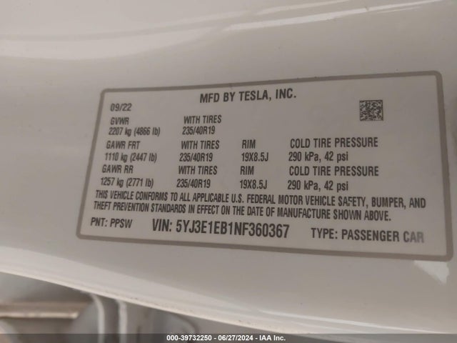 Aukcja sprzedaży 2022 Tesla Model 3 Long Range Dual Motor All-wheel Drive, vin: 5YJ3E1EB1NF360367, numer aukcji: 39732250