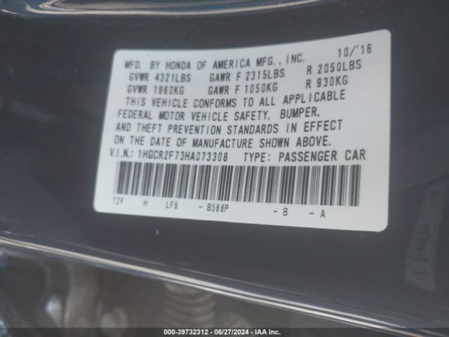 1HGCR2F73HA073308 Honda ACCORD EX