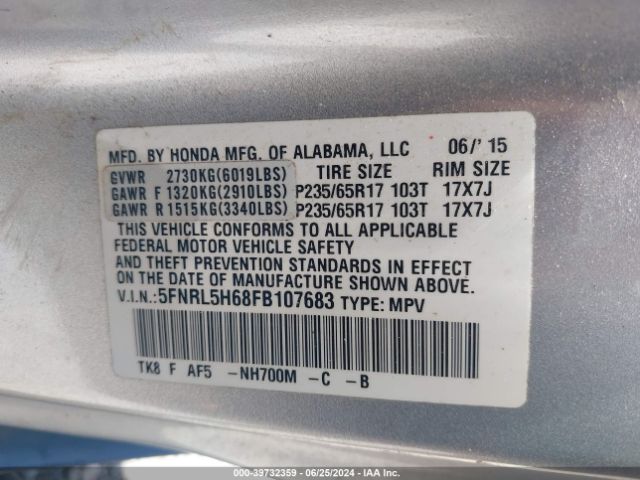 5FNRL5H68FB107683 Honda Odyssey Ex-l