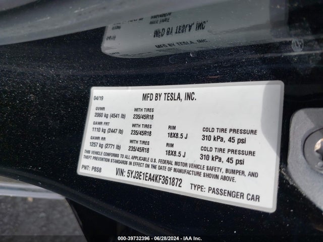 Tesla Model 3 Long Range/mid Range/standard Range/standard Range Plus 2019 5YJ3E1EA4KF361872 Image 9