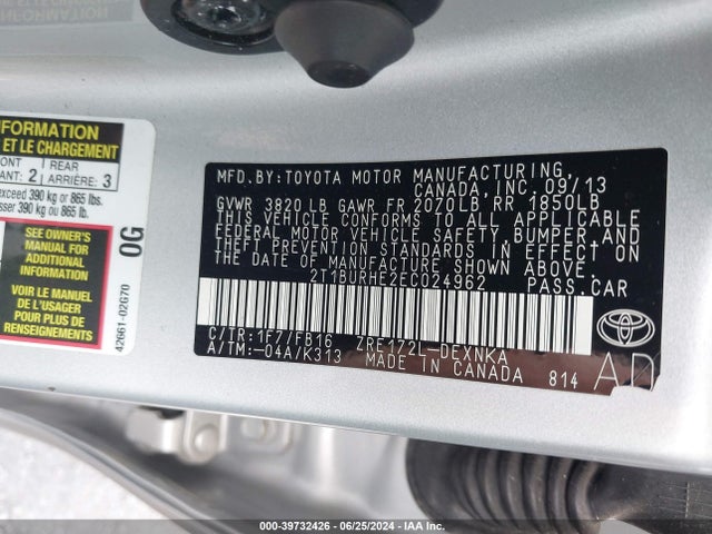 Toyota COROLLA LE 2014 2T1BURHE2EC024962 Image 9