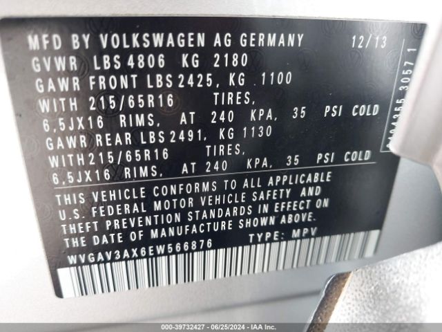 WVGAV3AX6EW566876 Volkswagen TIGUAN S