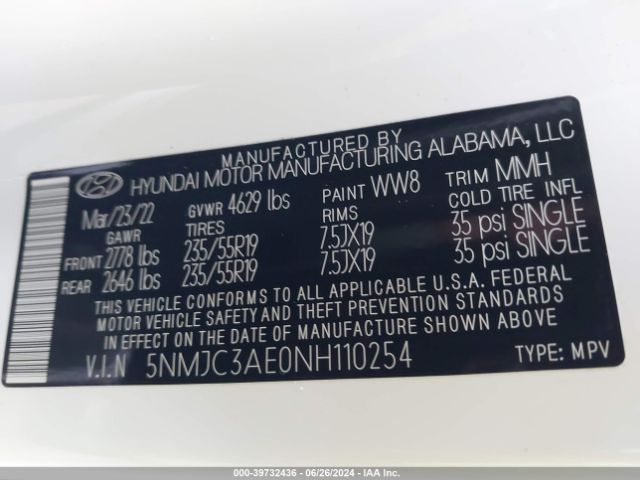5NMJC3AE0NH110254 Hyundai TUCSON SEL