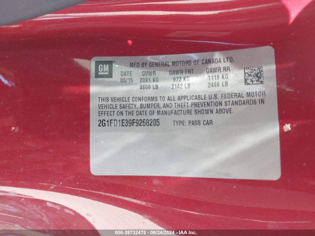 Chevrolet Camaro 1lt 2015 2G1FD1E39F9268205 Image 9