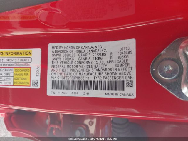 2HGFE2F53PH563111 Honda Civic Sport