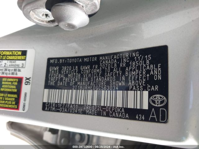 2T1BURHE0GC563034 Toyota COROLLA L