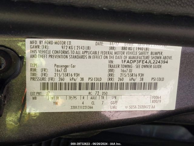 1FADP3FE4JL224394 Ford FOCUS SE