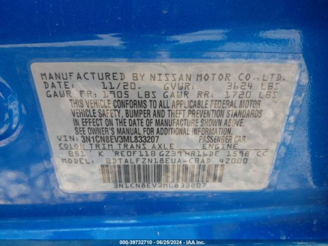 3N1CN8EV3ML833207 Nissan Versa Sv Xtronic Cvt