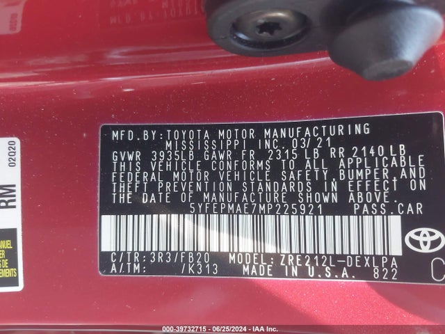 Toyota COROLLA LE 2021 5YFEPMAE7MP225921 Image 9