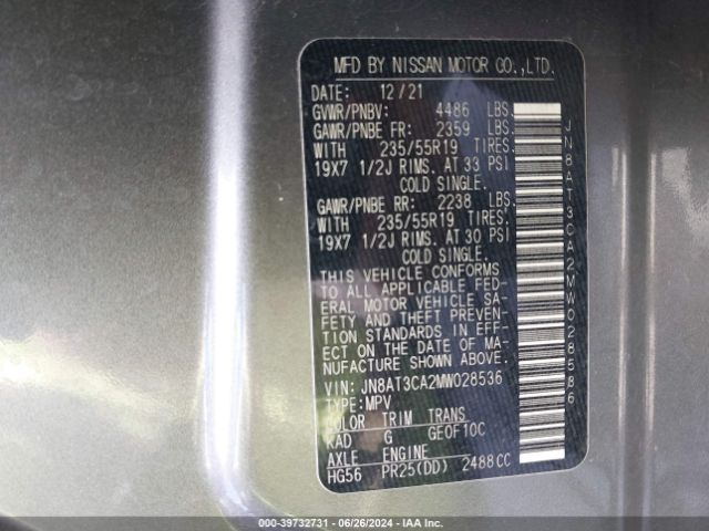 JN8AT3CA2MW028536 Nissan Rogue Sl Fwd