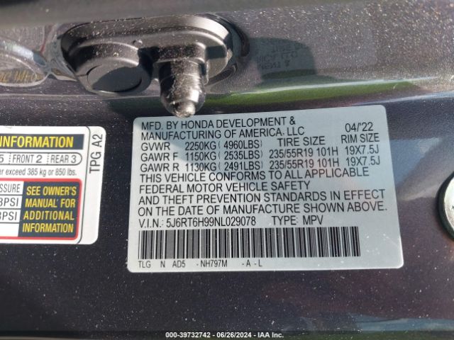 5J6RT6H99NL029078 Honda Cr-v Hybrid Touring