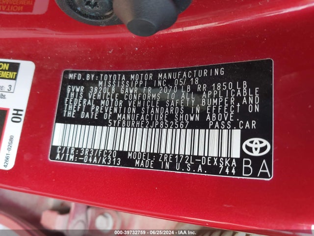 Toyota COROLLA SE 2018 5YFBURHE2JP852567 Image 9