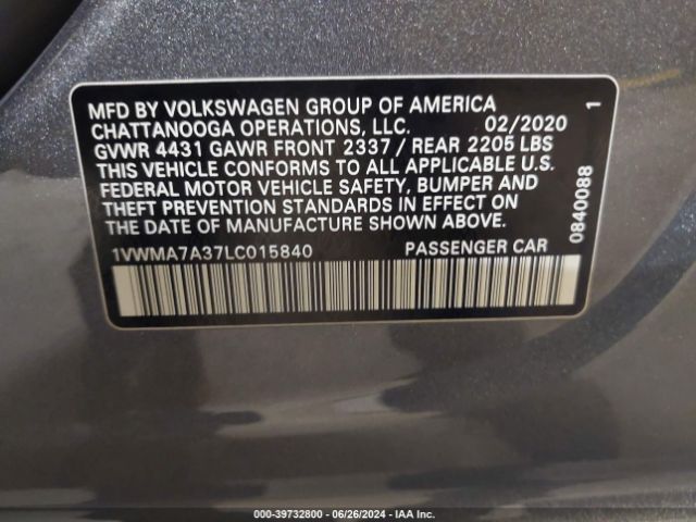 1VWMA7A37LC015840 Volkswagen Passat 2.0t R-line